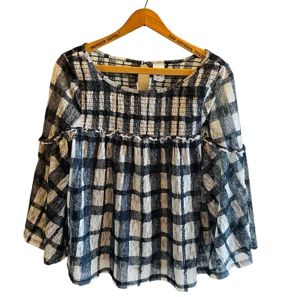 AKEMI + KIN Patrizia Sheer Buffalo Check Plaid Long Sleeve Top Black White XS - Picture 5 of 9